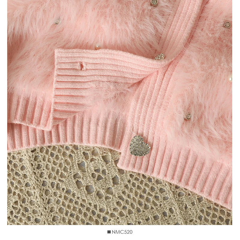 Hnewly  Heart Button Plush Soft Sweater Coat Autumn/Winter New Women's Fashion Shiny Diamond V-Neck Short Knitted Cardigan Top