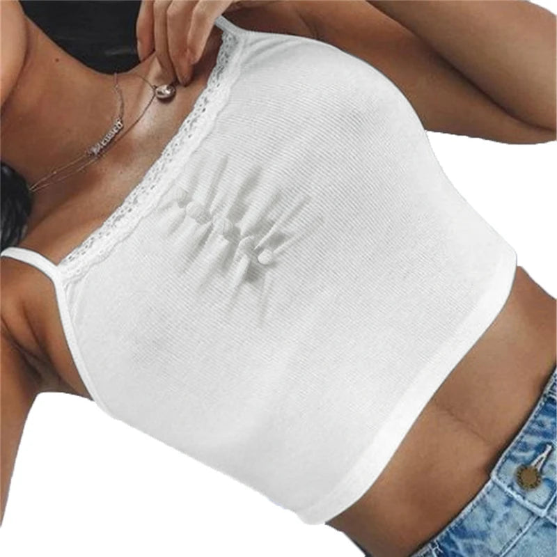Hnewly White Lace Patchwork Tank Top Summer Women Home y2k Fashion Leisure Outfit Basic Casual Crop Tops Lolita Kawaii Clothes