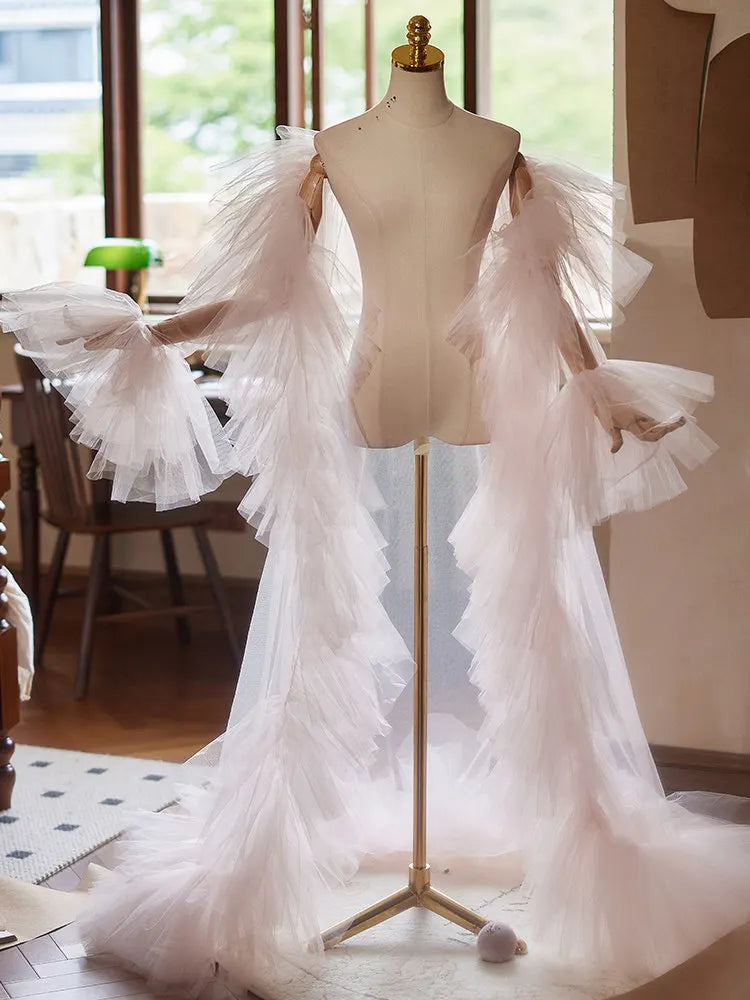 Hnewly  Pink Shawl Mopping The Floor Handmade DIY Accessories Fairy Photography Elegant Mesh Ruffles Evening Gown Trailing