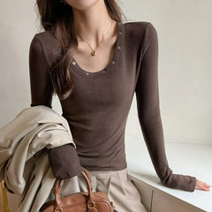 Hnewly  Autumn/Winter New Fashionable German Velvet Round Neck Riveted Long Sleeve T-shirt for Women Tight Thickened Commuter Top