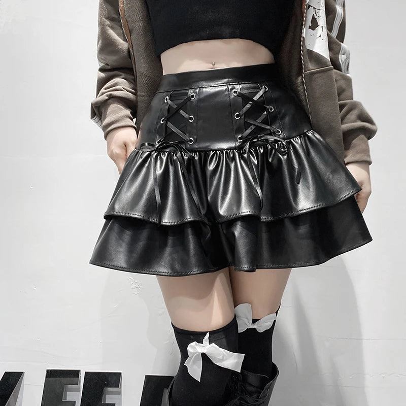 Hnewly Goth Punk PU Leather Mini Skirt Women Hight Waist Lace Up Bandage Black Pleated Skirt Streetwear Girls Lolita Skirt