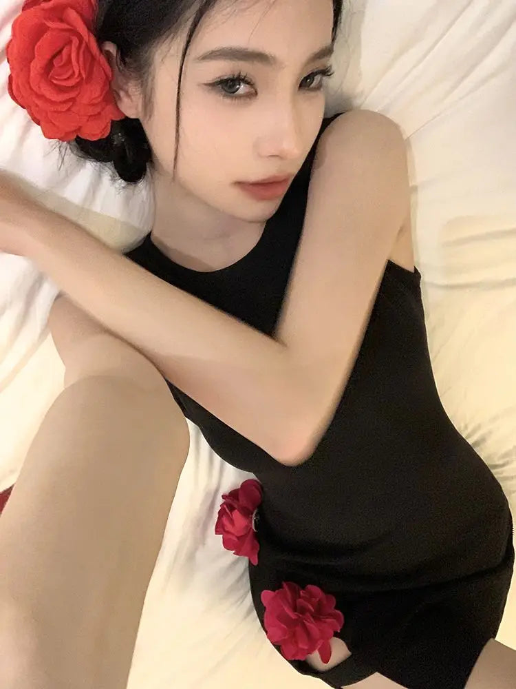 Hnewly  Woman Dress Sexy Sleeveless Flowers Slim Split Vintage Elegant Hollow Out Mini Dresses Party Female Fashion Club