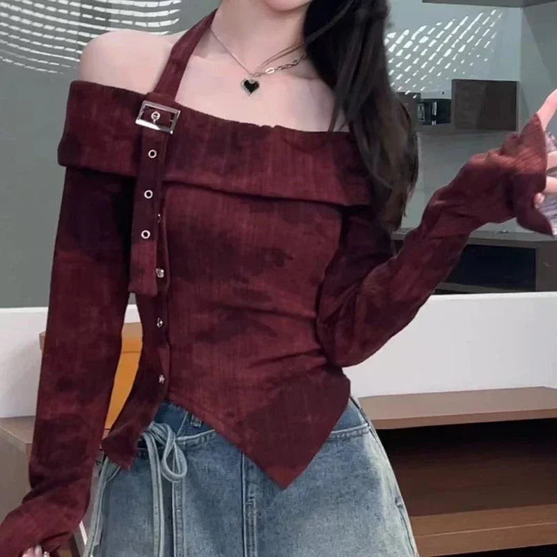 Hnewly Y2K Sexy Slash Neck T Shirt for Women Korean Elegant Off Shoulder Irregular Female Tops Fashion Tie Dye Long Sleeve Pullovers
