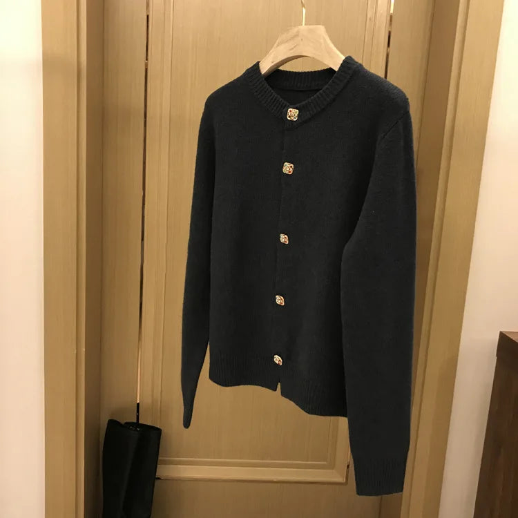 Hnewly  Solid O-Neck Sweater French Elegant Single Breasted Women's Spring Autumn Winter New Fashion All-match Long Sleeve Top Coat