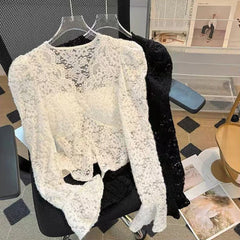 Hnewly Slim Lace Women Blouse Y2K Korean Chic V Neck Bell Sleeve Crop Tops Autumn Elegant Office Lady All Match Tight Shirts New