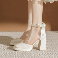 Hnewly Summer Sweet Back Butterfly-knot Lolita Shoes Big Girls Thick Block High Heels Platform Women Party Flock Princess Sandals 2024