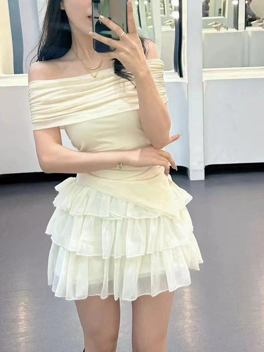 Hnewly Elegant Chiffon Lace 2 Piece Skirt Sets Women Korean Fashion Suits 2000s Vintage Y2k Crop Top Blouse Japanese Beach Even Party