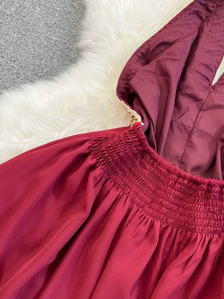 Hnewly  Temperament Hanging Neck Dress Elegant Hollow Out Backless Slit A-line Large Hem Dress Women's Beach Vacation Long Dress
