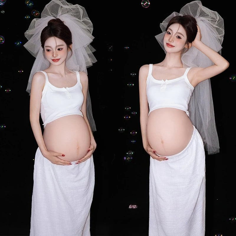 Hnewly  Women Photography Props White Elegant Maternity Dresses with Veil 3pcs Set Pregnancy Dress for Studio Photoshoot Accessories