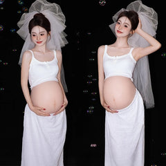 Hnewly  Women Photography Props White Elegant Maternity Dresses with Veil 3pcs Set Pregnancy Dress for Studio Photoshoot Accessories