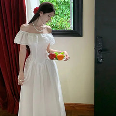Hnewly  White Summer New Long Waist-Cinching Square-Necked Gown with Flyaway Sleeve One-Shoulder A- Line Skirt Dress for Women