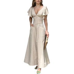 Hnewly  Fashionable High Waist Bell Bottom Long Dress Women's Street Style Deep V Casual Gown A-Line Skirt Short Sleeve Polyester