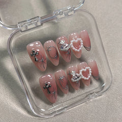 Hnewly 10pcs Blush Pink Fake Nail Patches Handmade Pearl Love Heart Press On Nails Planet Cross Designs Detachable Almond