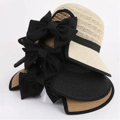 Hnewly  Fashion Breathable Straw Hat Bow-tied Ponytail Hole Sun Hat Solid Color Wide Brim Summer Hat Women