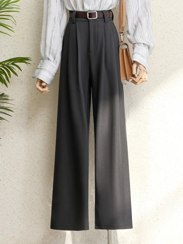Hnewly Spring 2025 New Burgundy Suits Pants for Women Office Lady Elegant High Waist Wide Leg Fashion Trousers with Pockets Black Gray