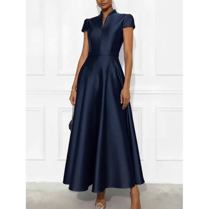 Hnewly  Elegant Pure Color Knitted Satin Short Sleeve Waist Cinched Maxi Dress Stylish Commute Dress for Banquet V-Neckline Bodycon