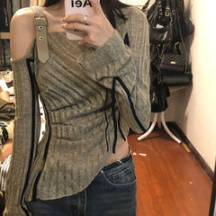 Hnewly 2000s Aesthetic Vintage T-shirts Women Sexy Y2k Punk Gyaru Long Sleeve Crop Streetwear Asymmetrical Top Slash Neck Tee