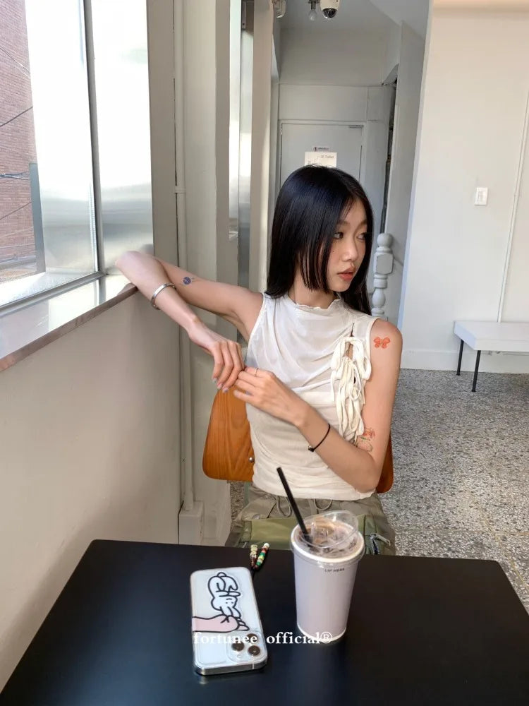 Hnewly  Double Layer Mesh Lace Up Slim Waist Ruched Vest 2025 Summer New Sleeveless Tops Mujer Y2k Simple All-match Tank Top