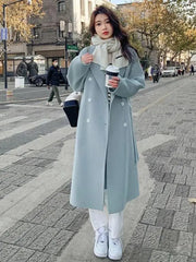 Hnewly Women Solid Lace Up Long Woolen Coat Korean Loose Fashion Double-breasted Lapel Female Autumn Winter Warm Lady Overcoats Popular
