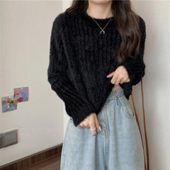 Hnewly  Fuzzy Knit Top Women Pullover Long Sleeve Plain Crop Sweate Pink Fluffy Jumper for Women Teen-girl Fall Winter Y2K Outfit