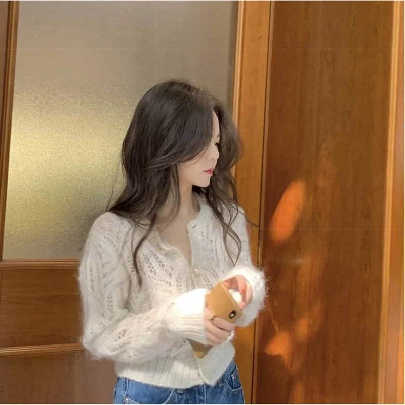 Hnewly Women Hollow Out Fluffy Vintage Button-up Temper Ladies Knitted Sweater Outwear Slouchy All-match Loose Casual Ulzzang