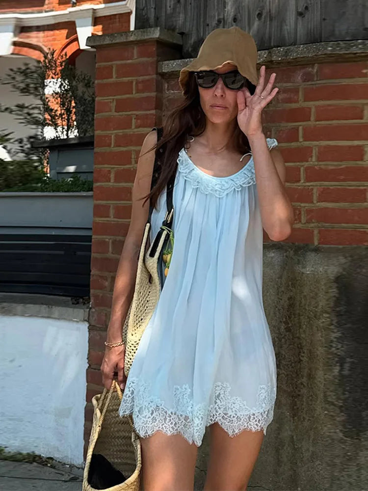 Hnewly  Women Lace Trim Sleeveless Mini Dress Loose Fit Ruffle Neck Sexy Short Dresses Summer Casual Chic Beach Elegant Sundress