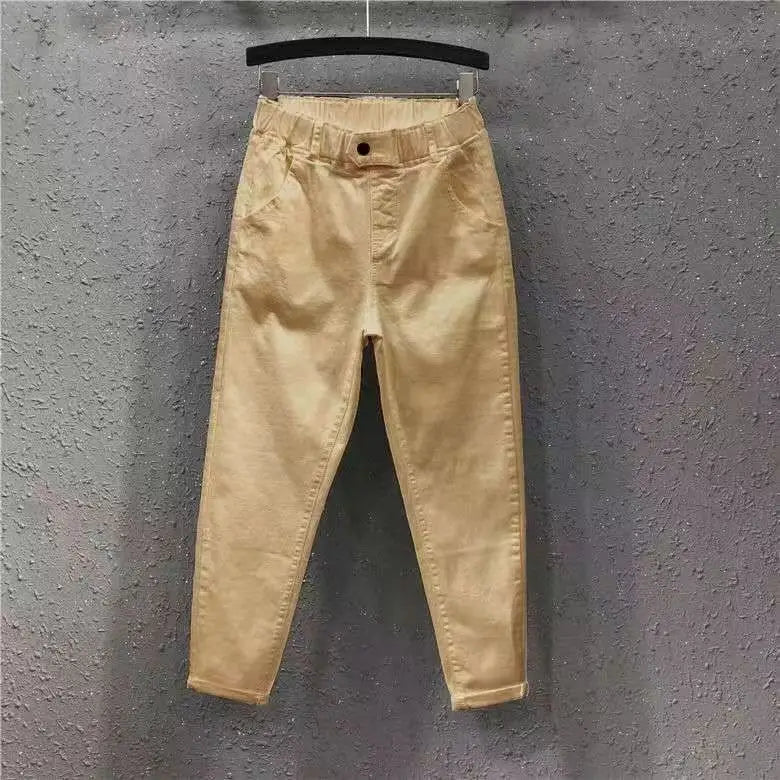 Hnewly Solid Casual Jeans For Summer/Autumn 2025 New Loose Versatile Harlan Pants Fashion Elastic Waist Buttons  Ankle-Length Pants