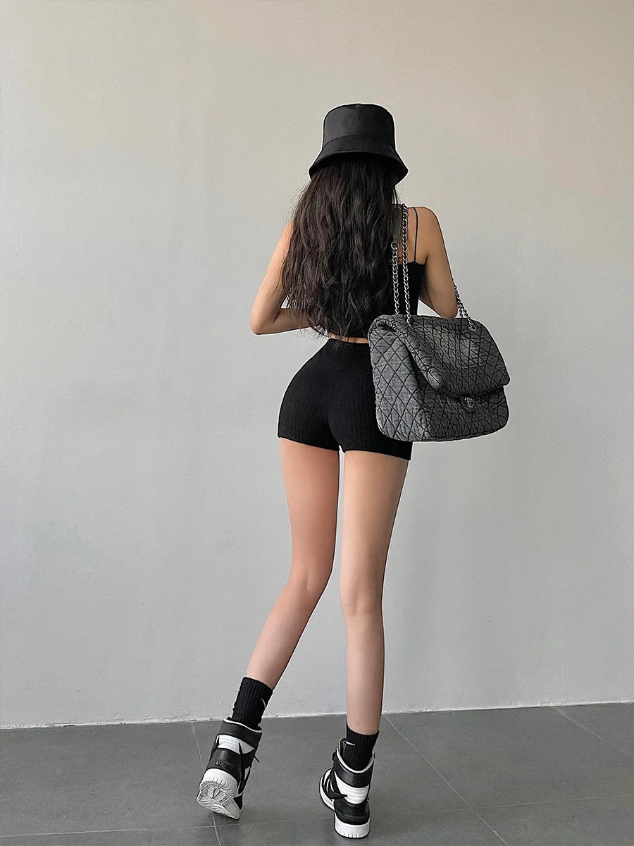 Hnewly French New High Waist Tight Thin Knit Casual Sports Shorts Solid Color Stretch Fashion Women's Clothing 5TNS