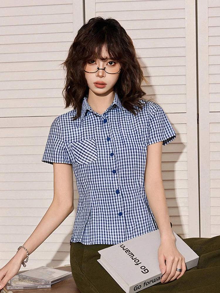 Hnewly Vintage American Plaid Shirt Women Slim Preppy Style Short Sleeve Blouse Casual Pocket Retro Female Single Breasted Tops