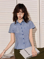 Hnewly Vintage American Plaid Shirt Women Slim Preppy Style Short Sleeve Blouse Casual Pocket Retro Female Single Breasted Tops