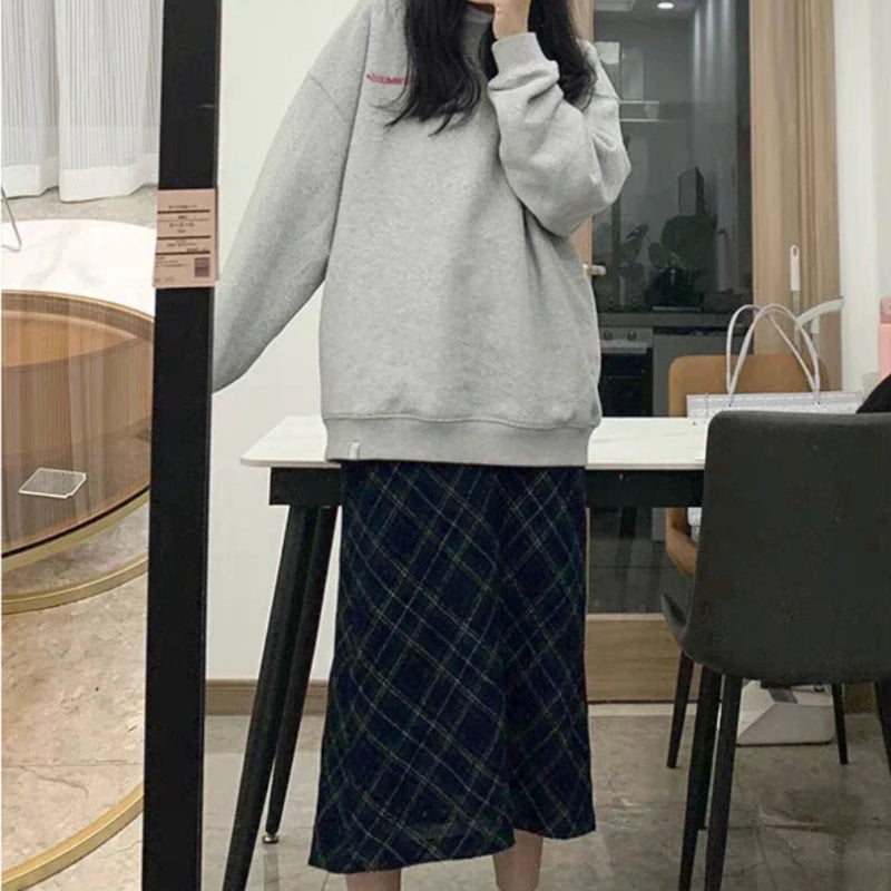 Hnewly  Plaid Midi Skirts Women Casual A-line Chic All-match High Street Elegant Vintage Mujer Jupe European Style Classic Sexy Clothing