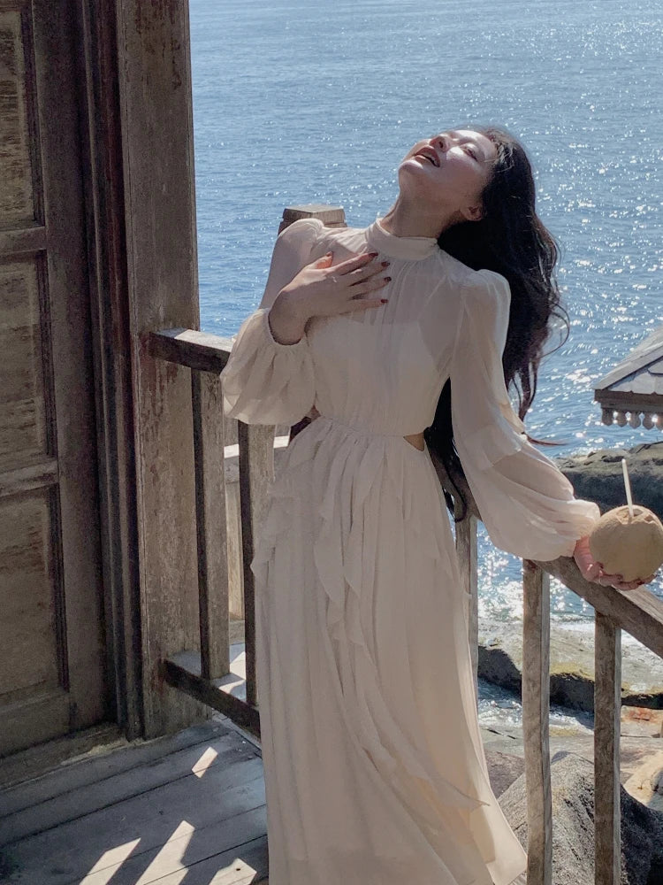 Hnewly Beach Style Chiffon Y2k Mini Dress Office Lady Casual Long Sleeve Elegant One Piece Dress Korean Fashion Clothing Summer