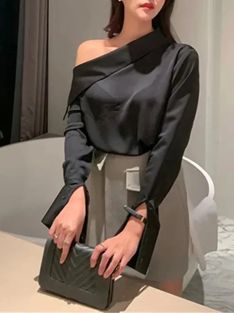 Hnewly FALL OUTFITS Elegant Women Sexy Korean One Black Top Spring Summer Leisure Versatile Women's Off The Shoulder Long Sleeved White Blouses