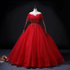 Hnewly  Burgundy Tulle Appliques Sweetheart Evening Dresses Off Shoulder Quinceanera Shiny Crystal Beaded Prom Gown