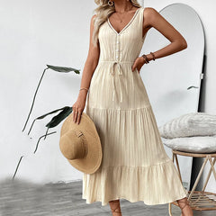 Hnewly  Patchwork V Neck Bohemian Midi Dress Women Summer Sleeveless Beach Vacation Long Dresses Woman Buttons A Line Sundress Female