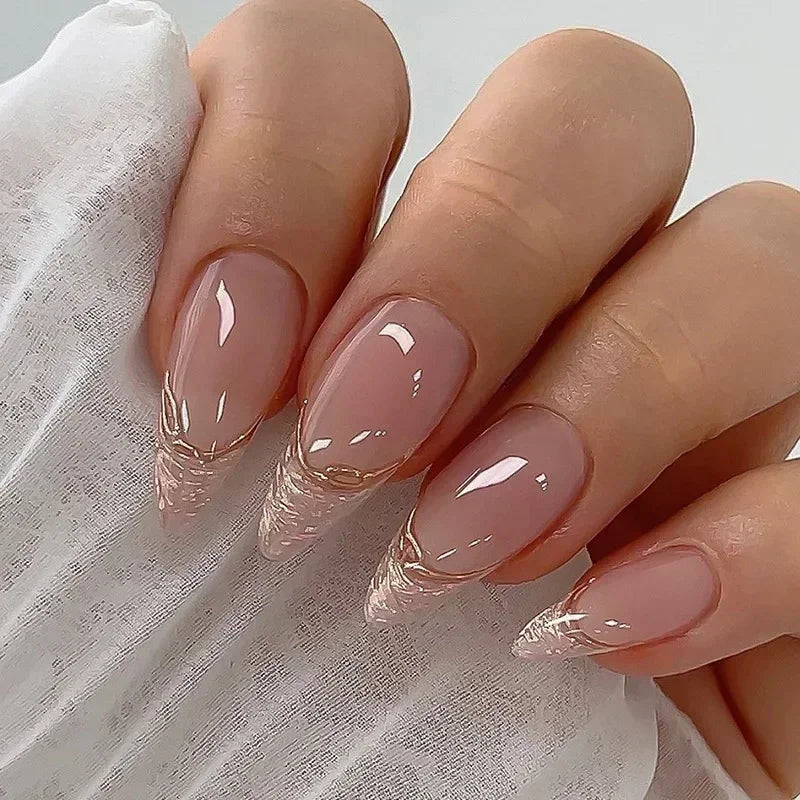 Hnewly 24Pcs Pink Almond French Press on Nails With 3D Bow ripple charms Design Fake Nails Ballerina False Nails Full Cover Nail Tips