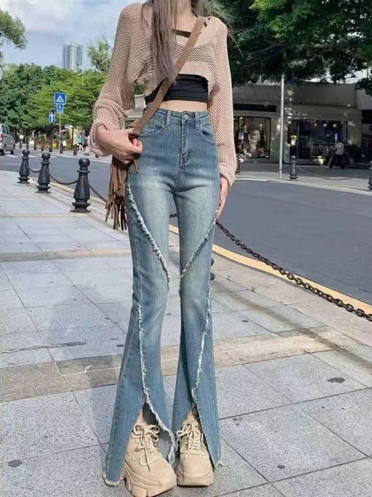 Hnewly  Slimming Vintage American Style Frayed Hem Flared Jeans Women High Waist Side Slit Floor Length Pants Autumn Casual Trousers