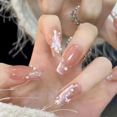 Lunivop  10pcs Handmade Girls Glued Press on Nails Pink Self-adhesive False Nails with Glue Medium Long Square Winter Stick-on Nails