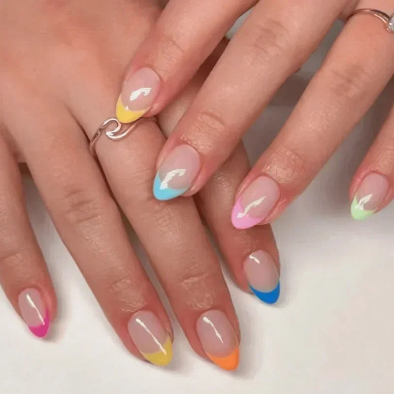 Hnewly 24pcs/Box Long Coffin False Nails Art Rose with Glue Wearable Nude Pink White Color Jelly Nails Tips Full Cover Press On Nails