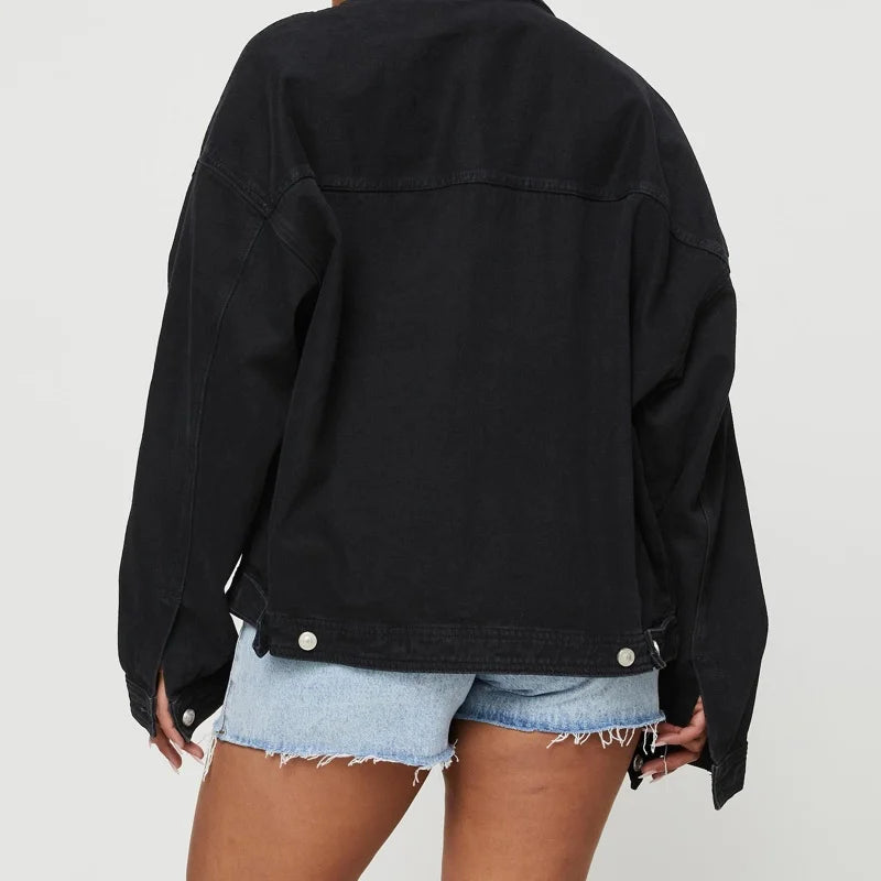 Hnewly Denim Jacket Women y2k Clothes Solid Color Turn-down Collar Single Breasted Long Sleeve Jeans Coat 2000s Streetwear