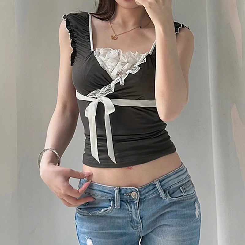 Hnewly y2k Ruched Lace Patchwork Cropped Top Women Chic Bandage Bow Contrast T Shirts 2000s Vintage Clothing Ladies Harajuku Tee