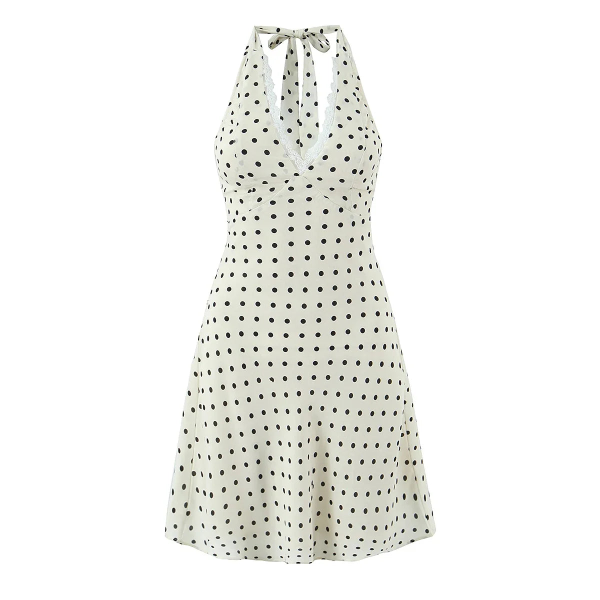 Lunivop  Sexy Beige Polka Dot Spliced Lace Bow Halter V Collar Backless Mini Dress Women Elastic Zipper Back A-line Short Robe Holiday
