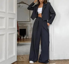 Hnewly  Women's Classic Two - Piece Set: Suit Collar Long Sleeved Casual Blazer and Loose High Waisted Elastic Band Long Pants