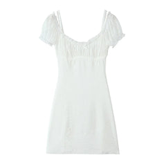 Hnewly  Sweet White Ruched Chest Spliced Lace Short Sleeve Mini Dress Women Bow Sashes Back Sling Strap Mini Dresses Party Robe