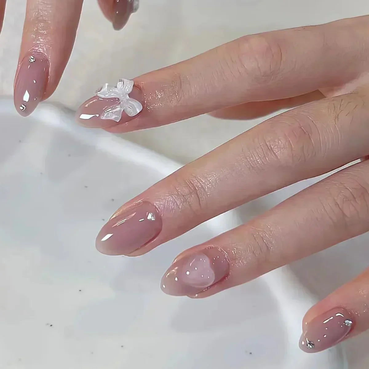 Hnewly 24Pcs Pink Almond French Press on Nails With 3D Bow ripple charms Design Fake Nails Ballerina False Nails Full Cover Nail Tips