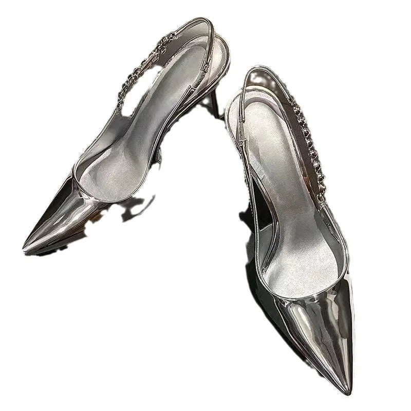 Hnewly Women High Heel Sandals Summer New Fashion Pointed Toe Sexy Silver Party Wedding Slingback Women Luxury High Heel Sandals