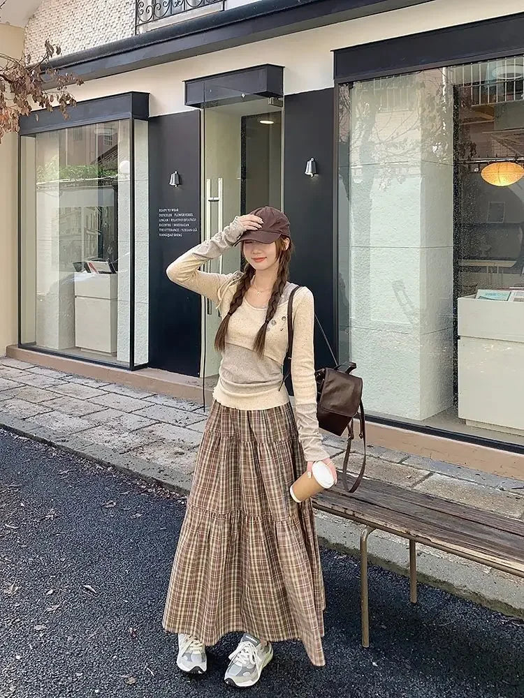 Hnewly Plaid Long Skirt Women Vintage Elegant Preppy Style Midi Skirts Harajuku Autumn Winter Casual Streetwear A-line Skirts