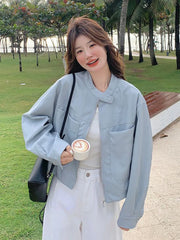 Hnewly  Sweet Biker Pu Jacket Women Vintage Preppy Style Big Pockets Short Coat Casual Korean Long Sleeve Retro O Neck Cute Tops