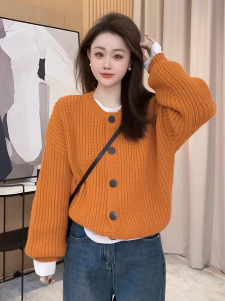 Hnewly  Button Down Crew Neck Cardigan Sweater for Women Long Sleeve Cozy Plain Cardigan Soft Knitwear Autumn Winter Casual Chic Outfit