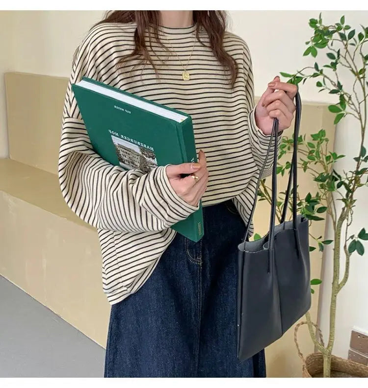 Hnewly  Coffee Stripes Cotton T-Shirts Women Loose Spring Autumn 2023 Lady Casual Full Sleeve O-Neck Chic All Match Tops